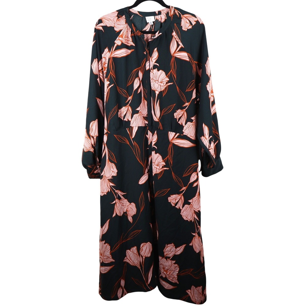 A‎ New Day Floral Print Button Front Maxi Dress Women's XXL Black Pink & Orange